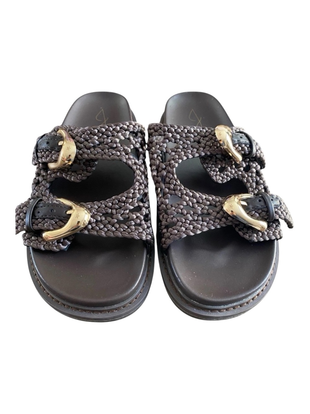 Joie Braided Brown Slide Sandals with Gold Buckles